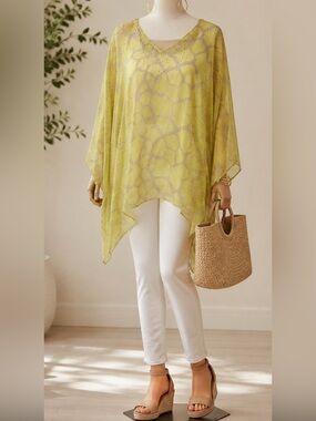 NY Collection Light Yellow Sheer V-Neck Studded Tunic Poncho Size 1X